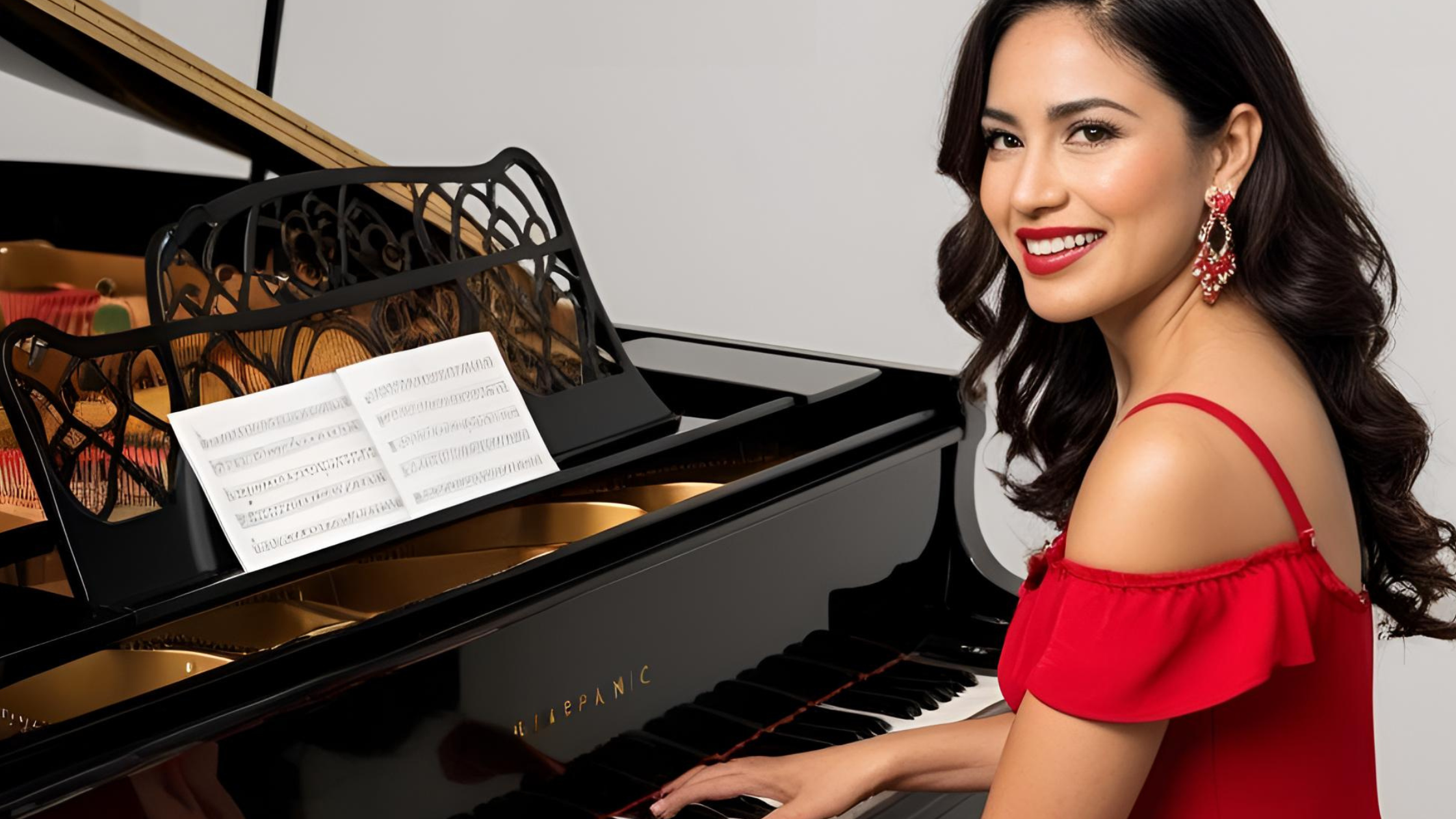 Woman in a red dress sitting at a piano