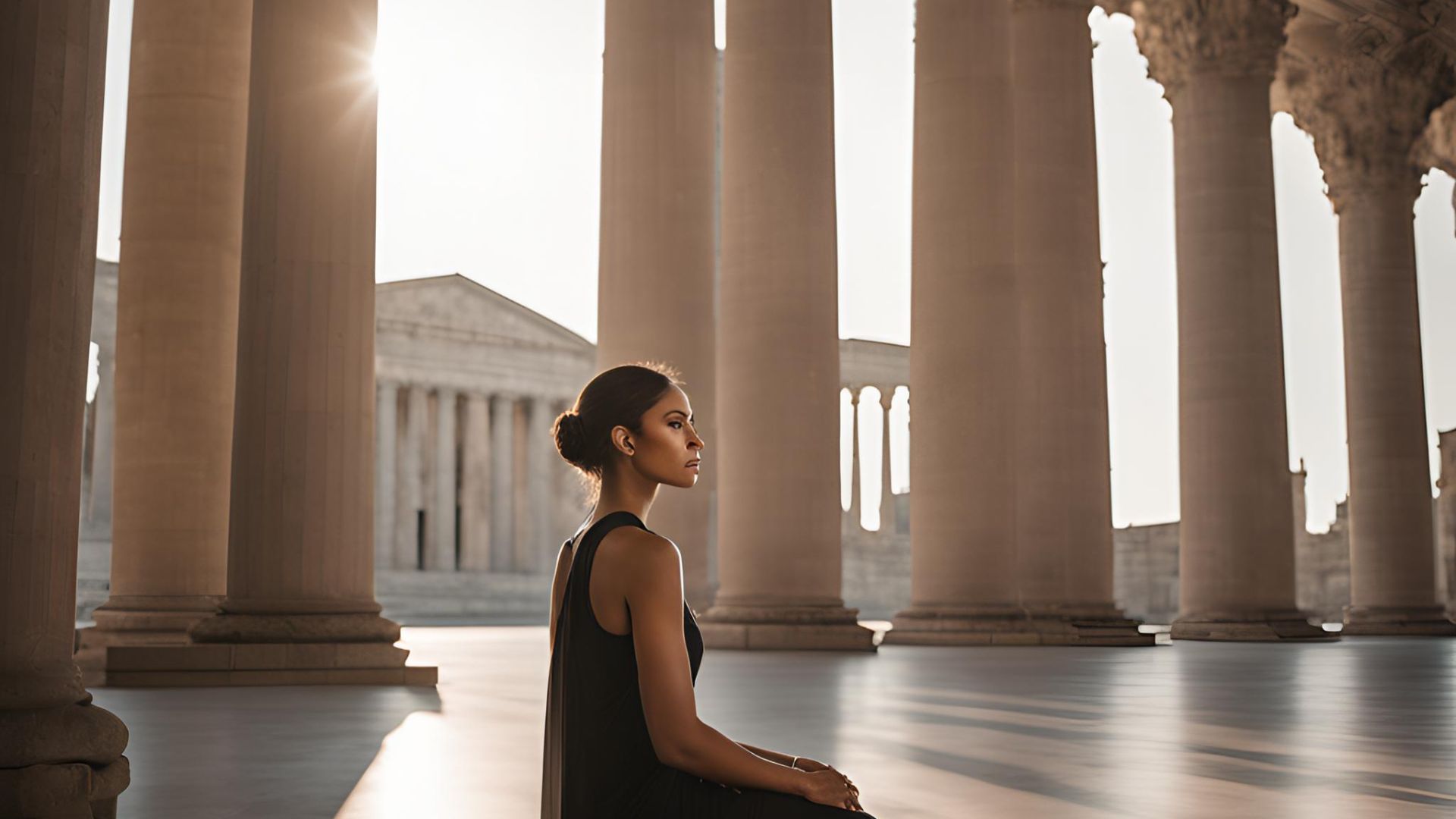 Woman, sitting calmly in a hall of columns, embodying, stoic serenity and mindfulness.