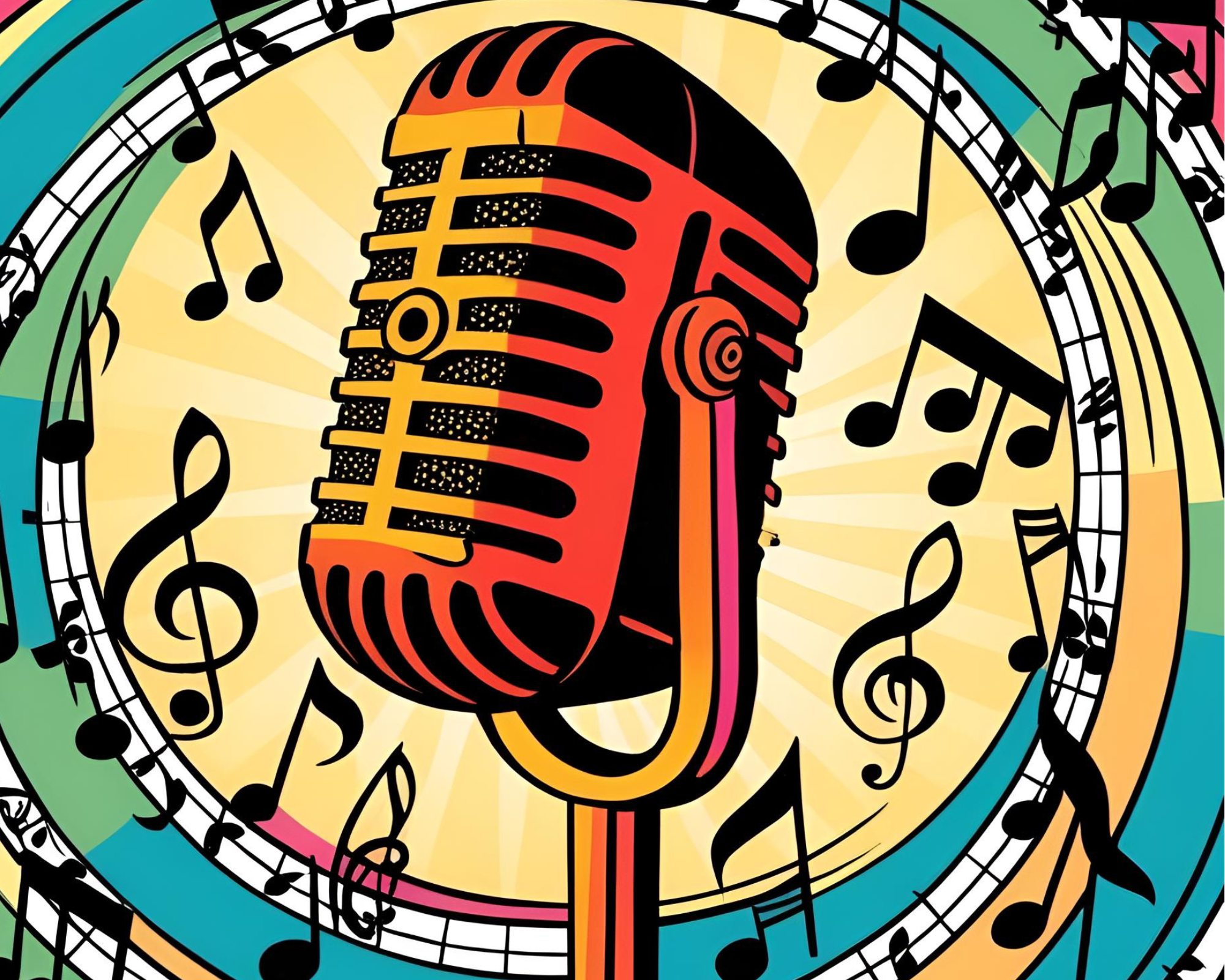 Illustration of a vintage singer’s microphone with music notes, symbolizing vocal performance
