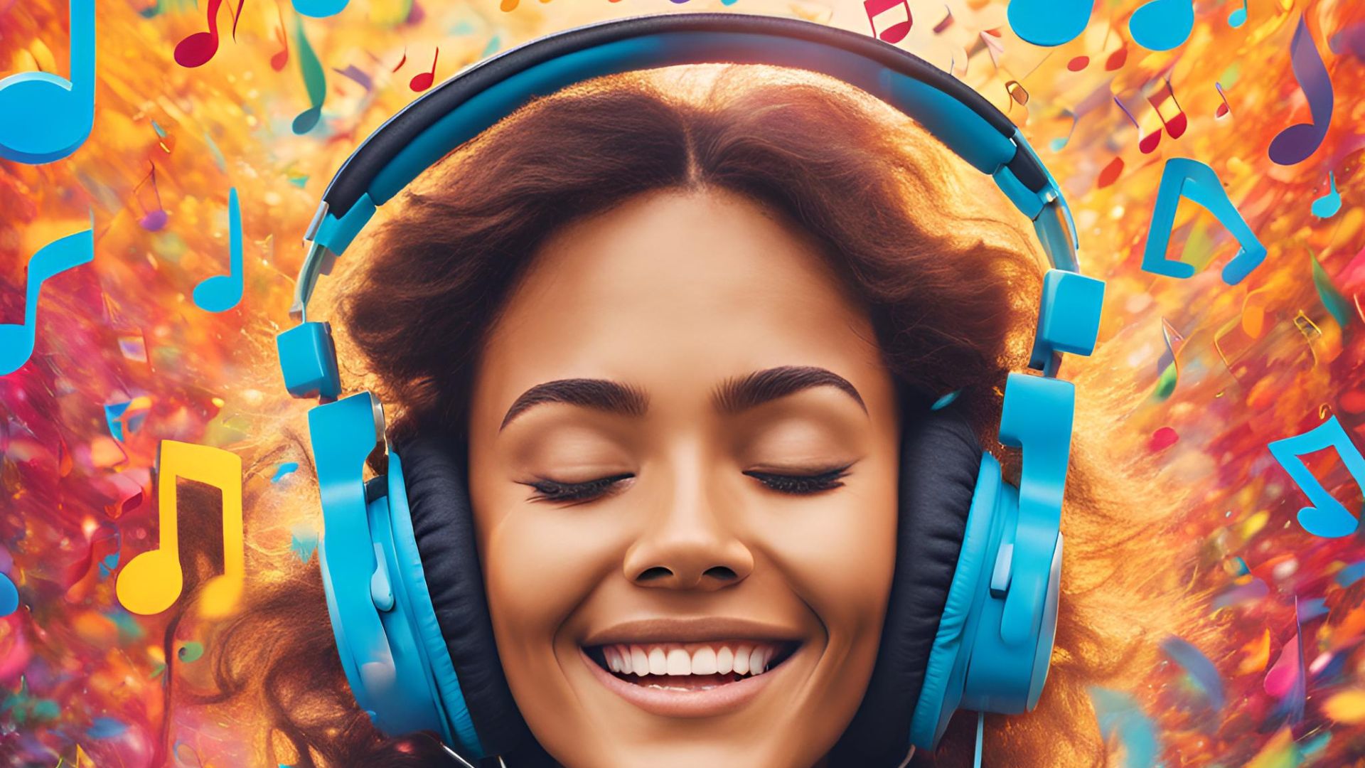 Woman with eyes closed, wearing headphones, listening to music for relaxation