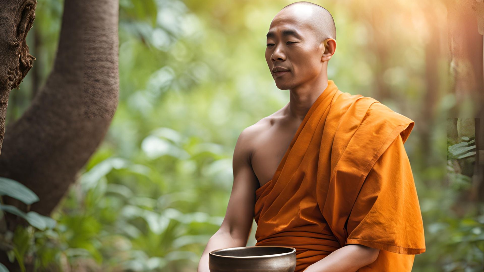 Meditating Buddhist monk with a singing bowl, representing mindfulness for musicians.