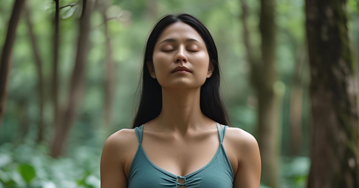 Woman sitting in the forest and breathing.
