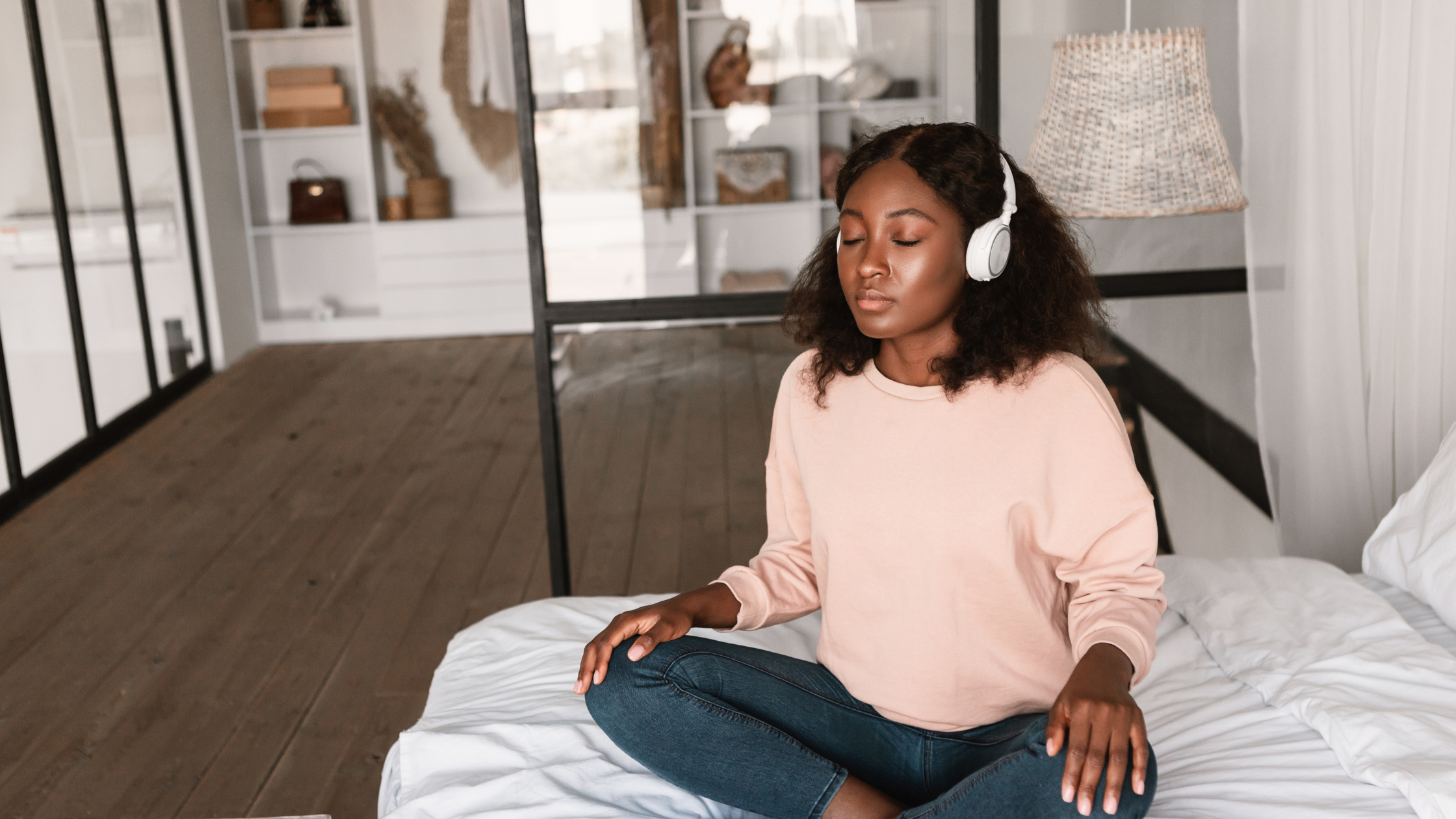 Woman wearing headphones, deeply immersed in listening to music, symbolizing relaxation, mindfulness, and the transformative power of music on the brain and emotions