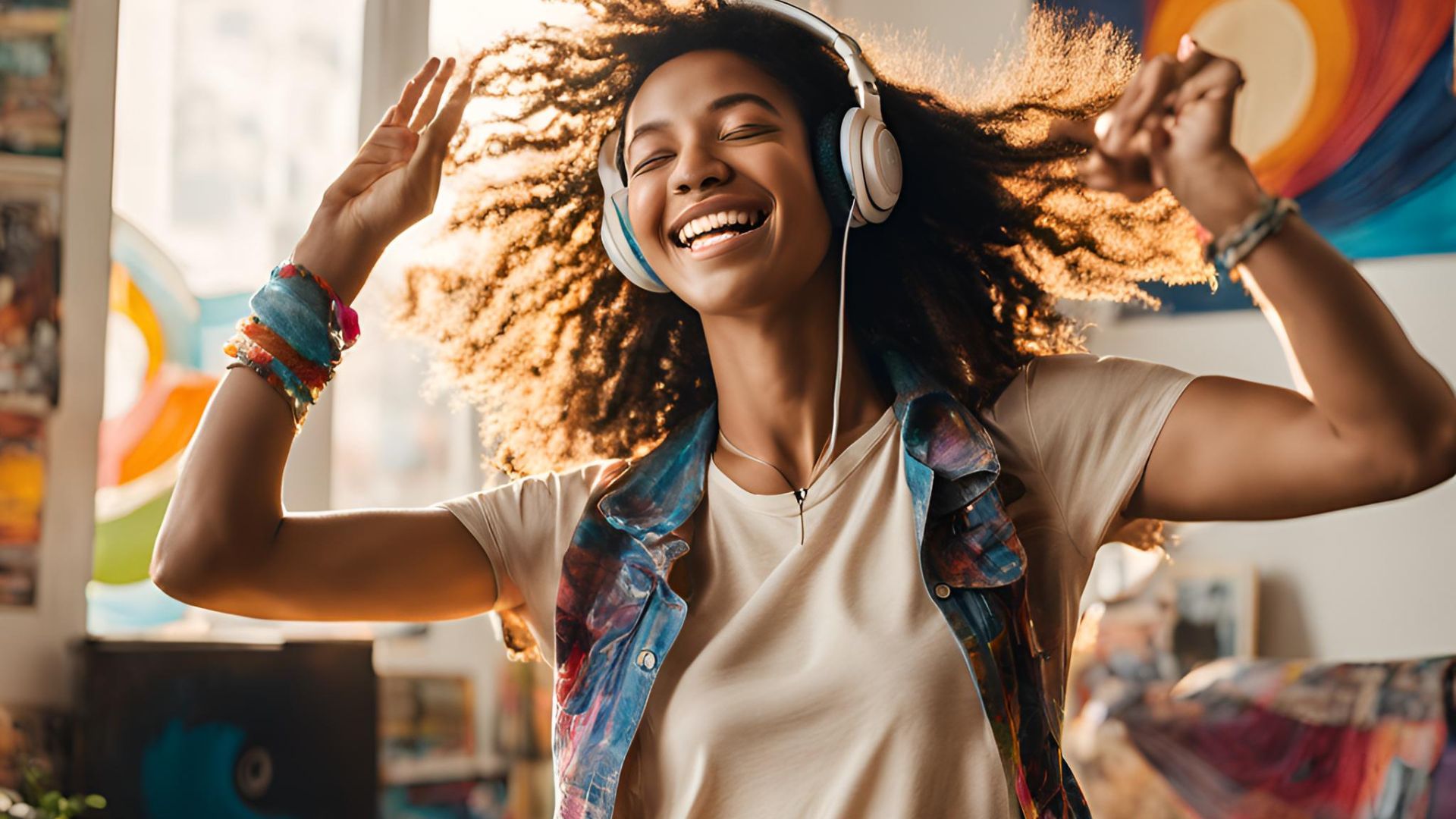 Woman ecstatically listening to music, radiating happiness and freedom.